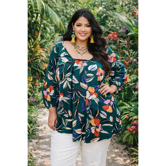 Eloquii Tops - Tropical Bohemian Eloquii Green Floral 3/4 Sleeve Square Neck Cotton Top Sz 22